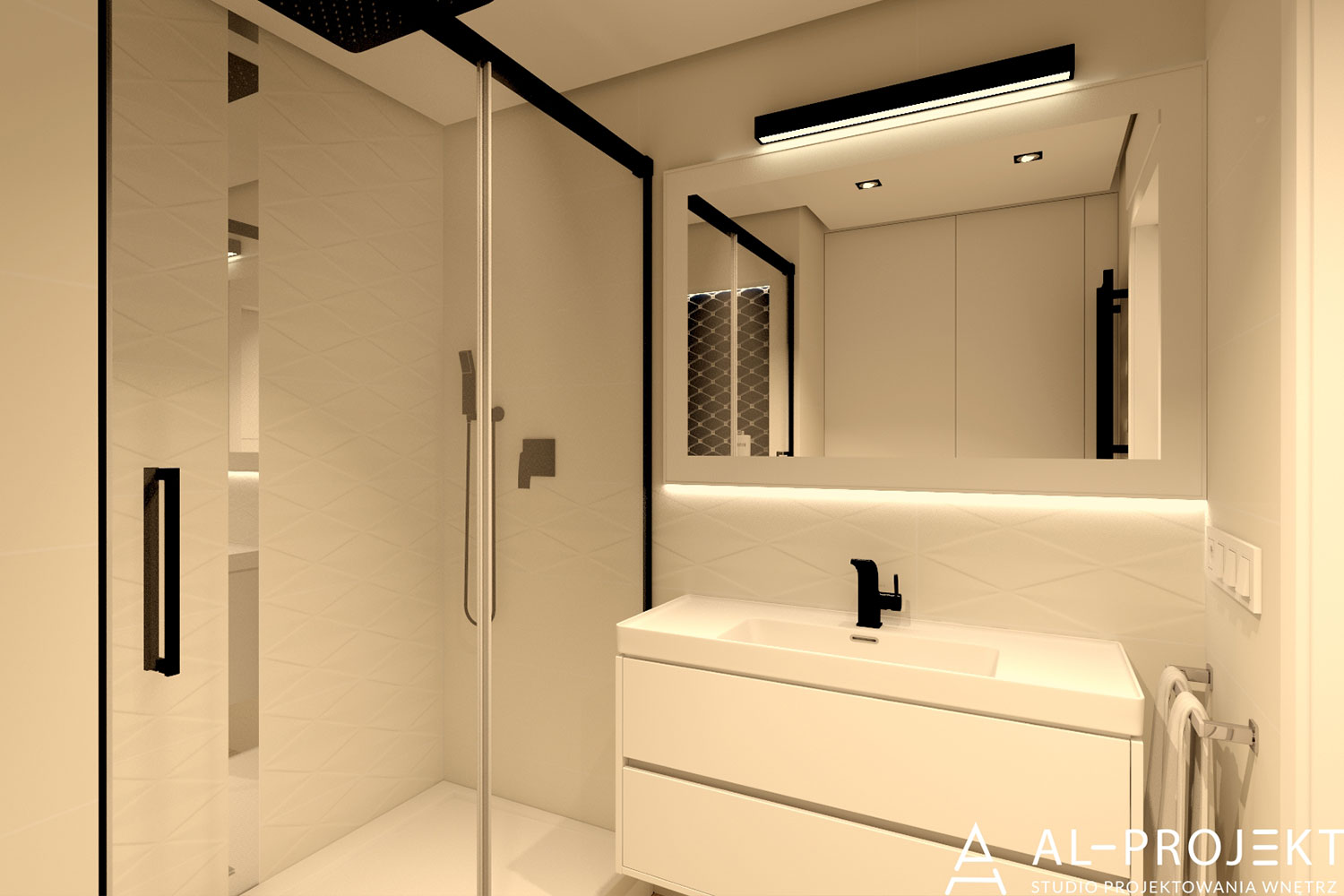 biało-czarna łazienka z podświetlonym lustrem