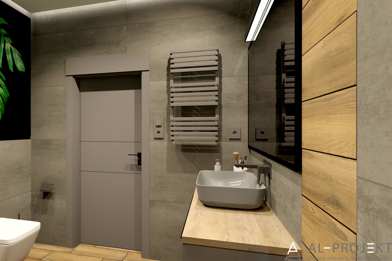 szara łazienka z drewnianymi elementami z dodatkiem czerni