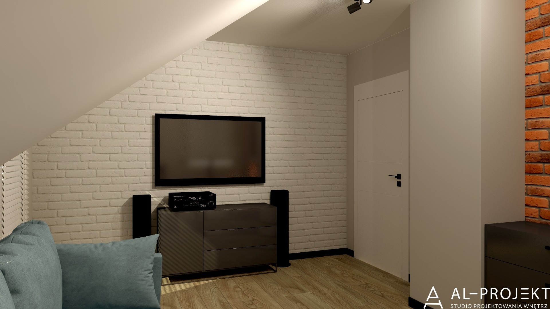 pokój z ceglaną ścianą i telewizorem z soundbarami